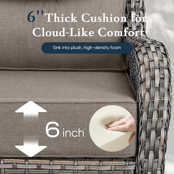 Belord Luxury 6" Thick Cushioned 6 Pieces Patio Furniture Set with Outdoor Couch, Wicker Outdoor Conversation Set with High Back Swivel Rocker Chairs for Deck Porch Yard and Poolside - Grey+Grey
