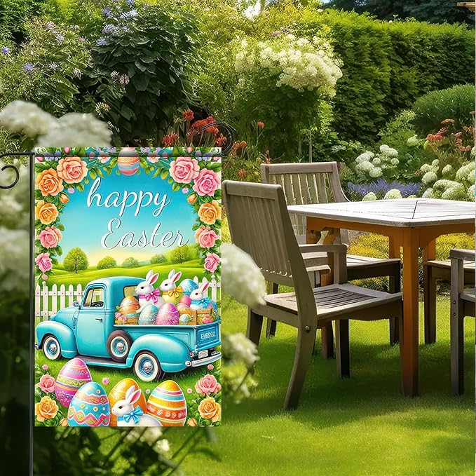 Happy Easter Garden Flag Cute Bunny Truck Yard Flag 12x18 Inch Double Sided Happy Easter Eggs Outdoor Decoration Welcome Easter Outdoor Decoration Spring Farmhouse Holiday