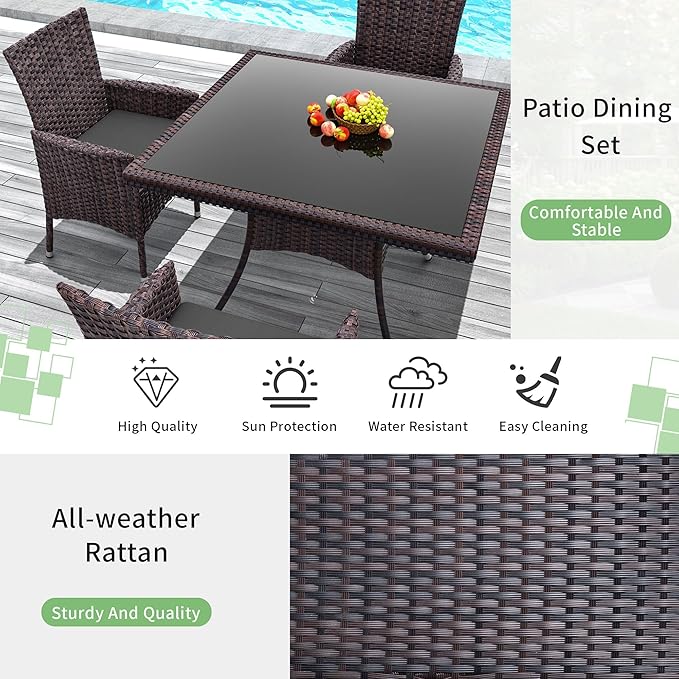 5 Piece Outdoor Dining Set,Rattan Patio Conversation Set of 4 Chairs,Patio Dining Table and Chairs w/Cushions,Square Glass Tabletop,Umbrella Cutout for Patio,Grey