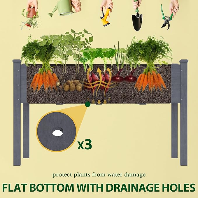 BlueWish 47" W x 23" D x 30" H Cedar Raised Garden Bed, Elevated Garden Bed with Detachable Black Liner, 3 Drainage Holes, Planter Box for Outdoor, Patio, Garden, Backyard, Gray