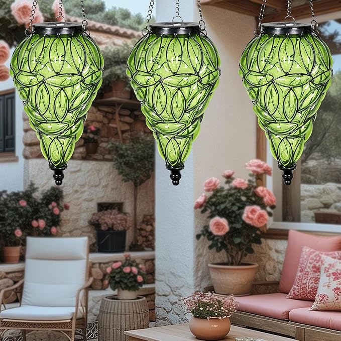 Naboher Solar Hanging Lantern Outdoor Garden Lights, Tear-Shaped Glass and Metal Hanging Lantern, 15 Firefly LED Lights, 7 x 24 Inch,(Green)