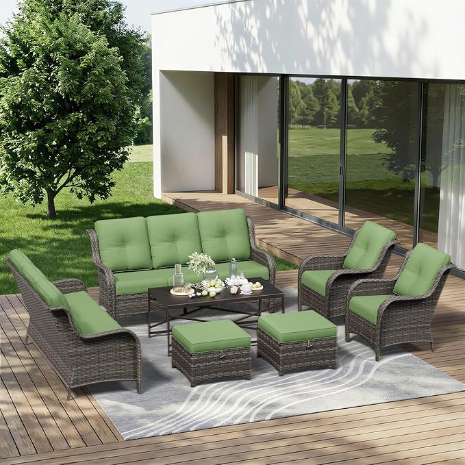 7 Piece Outdoor Wicker Patio Furniture Set, Patio Chairs Set with Thickened Olefin Cushions, High Back and Deep Seating, Hand-Woven PE Rattan, Ottoman for Porch, Deck