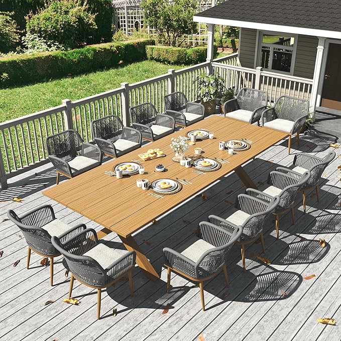 LayinSun Outdoor Dining Set for 12, 13 Pieces Patio Furniture Sets with Aluminum Dining Table and Rope Weave Chairs