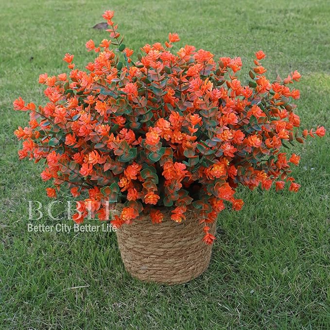 BCBLF Artificial Flowers for Outdoors, 12 Bundles UV Resistant Realistic Faux Plants for Outside Porch Planter, Spring Summer Home Garden Decoration, Green Orange