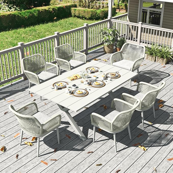 LayinSun Outdoor Dining Set for 6, 7 Pieces Patio Furniture Sets with Aluminum Dining Table and Rope Weave Chairs
