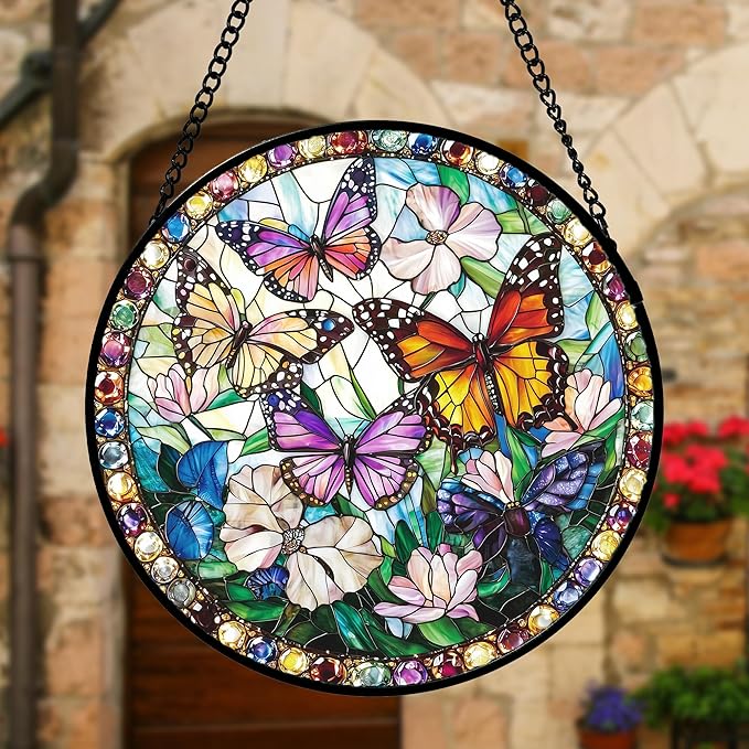 DASTOLL Stained Glass Window Hanging, Colorful Butterfly Suncatcher for Doors Home Sun Catchers Decoration and Christmas, Mother's Day Birthday Gifts for Women, Men, and Mom 7.8 in