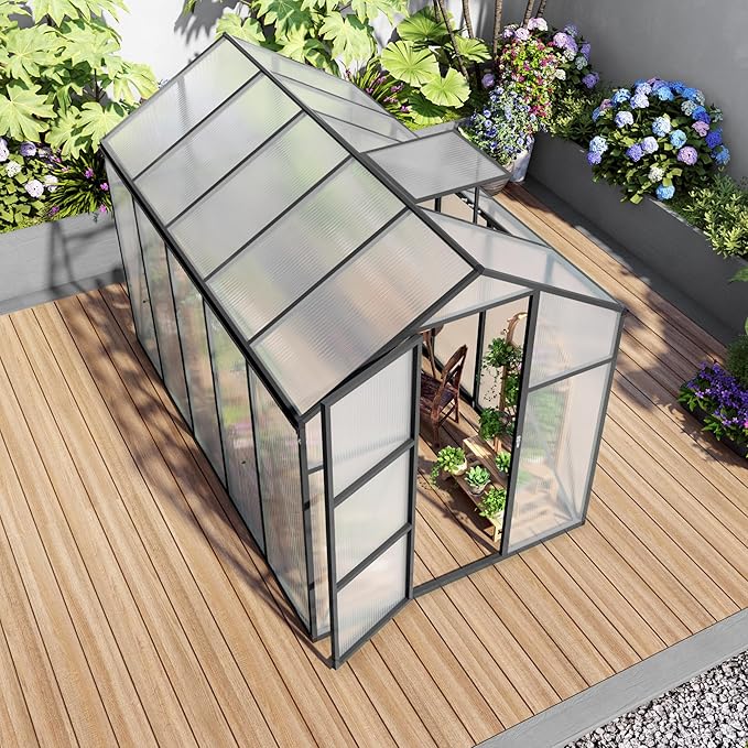 6x10 FT Greenhouse,Outdoor Greenhouse W/ Roof Vent,Walk-in Aluminum Polycarbonate Green House W/ Drainage System & Ground Nails,Green Houses for Outside Garden,Backyard,Patio,Lawn,Black