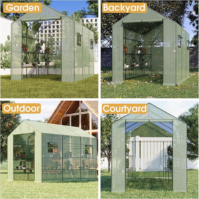 9.75 ft Big Walk in Greenhouse with Screen Windows & Roll-Up Zipper Door, 67 x 117 x 83'' Plant Green Houses for Outdoors, 3 Tiers 18 Shelves Stands Plastic Portable Heavy Duty Indoors Warm (Green)