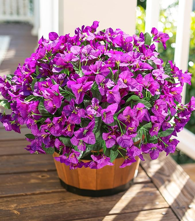 Fake Bougainvillea Artificial Flowers for Outdoors Spring Summer Decor, 4 Bundles Realistic Faux Silk Outside Flowers UV Resistant Faux Plants for Planter Patio Front Door Window Garden Home, Purple