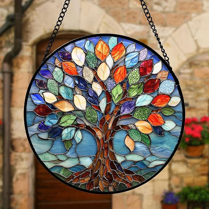 DASTOLL Stained Glass Window Hanging, Colorful Tree of Life Sun Catchers Glass Panel Blue Suncatcher Decor for Birthday for Women, Men, Wife, Aunt, and Mom 9.8 in