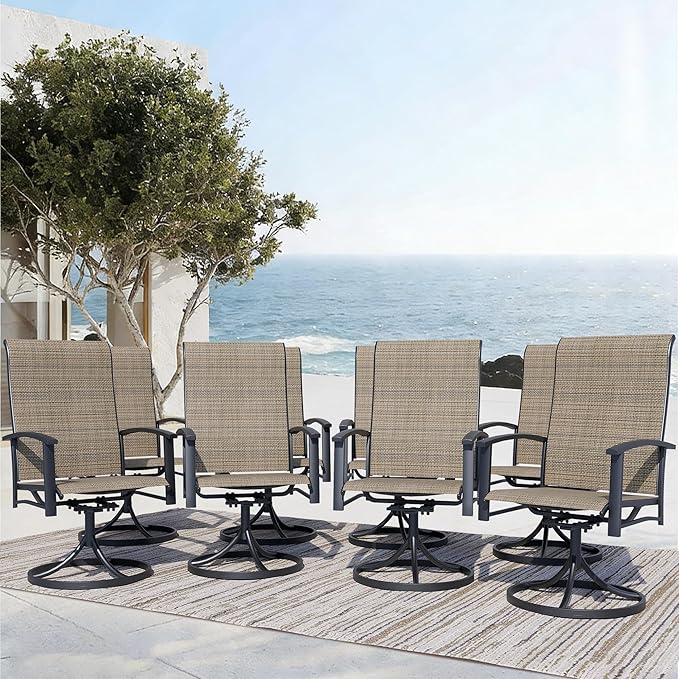 Outdoor Swivel Dining Chair Set of 8, All Weather Patio Dining Chair with Textilene High Back and Metal Frame for Backyard, Lawn Garde and Deck, Mocha