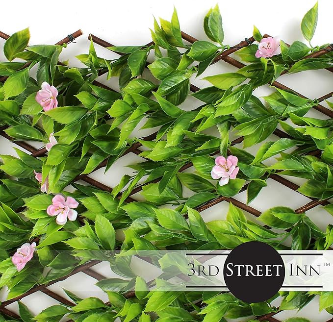 3rd Street Inn Pink Flower Sakura Leaf Trellis 4-Pack - Bamboo Greenery Panel - Boxwood and Ivy Privacy Fence Substitute - DIY Flexible Fencing (Pink Flower Sakura)