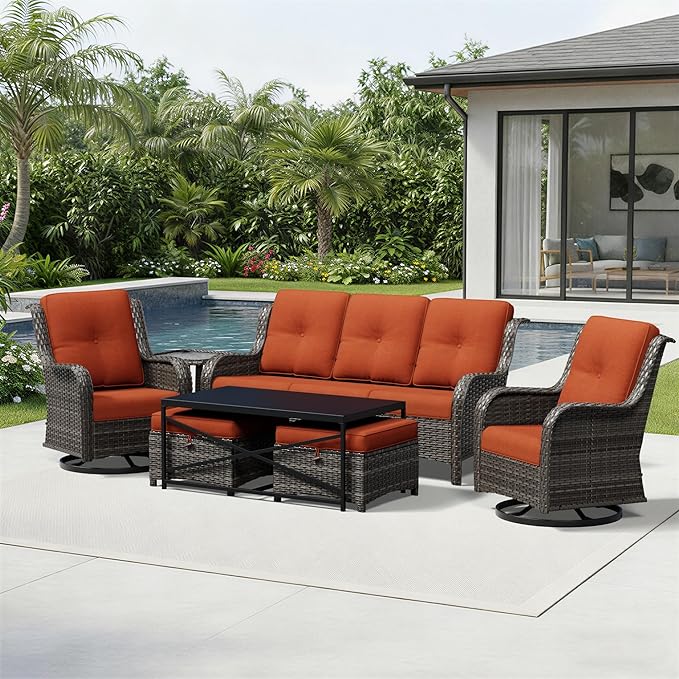 Joyside 7 Piece Wicker Patio Furniture Set, Outdoor Swivel Rocker Patio Chairs with High Back, Deep Seating, Wide Armrest, Thickened Cushions, Outdoor Furniture for Deck, Porch Use