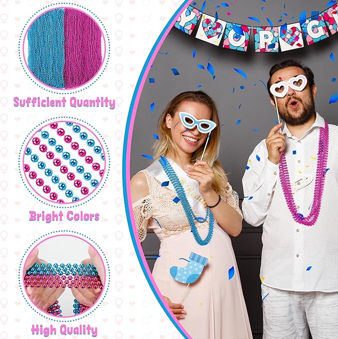 120 PCS Gender Reveal Beads, 33'' Gender Reveal Necklace Decorations, Pink and Blue Round Bead Necklaces Bulk, Creative Gender Reveal Party Supplies Accessories