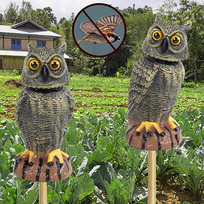 Hausse 2 Pack Bird Scarecrow Fake Owl Decoy Sculpture, 10.6 Inch Height Golden Rotating Head Plastic Owl Bird Deterrents, Nature Enemy Horned Pest Repellent for Outdoor Garden Yard