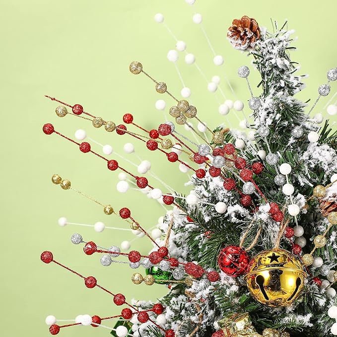 Syhood 200 Pcs Glitter Berry Stems, 13.8 Inches Christmas Berry Picks Holly Branches for Christmas Tree Decorations, Holiday Ornaments Home Decor and DIY Crafts(White)