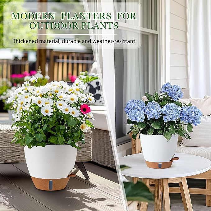 Fielda Self Watering Pots for Inoor Ourdoor Plants 10/9/8/7/6.5 Inch Plastic Planters with Drainage Holes & Water Level Indicator, Decorative House Flower Nursery Planting Pots with Saucers ((White)