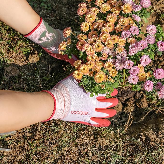 COOLJOB 2 Pairs Gardening Gloves for Women Ladies, Breathable Rubber Coated for Yard Garden, Outdoor Indoor Protective Work with Grip, Medium Size, Red & Green