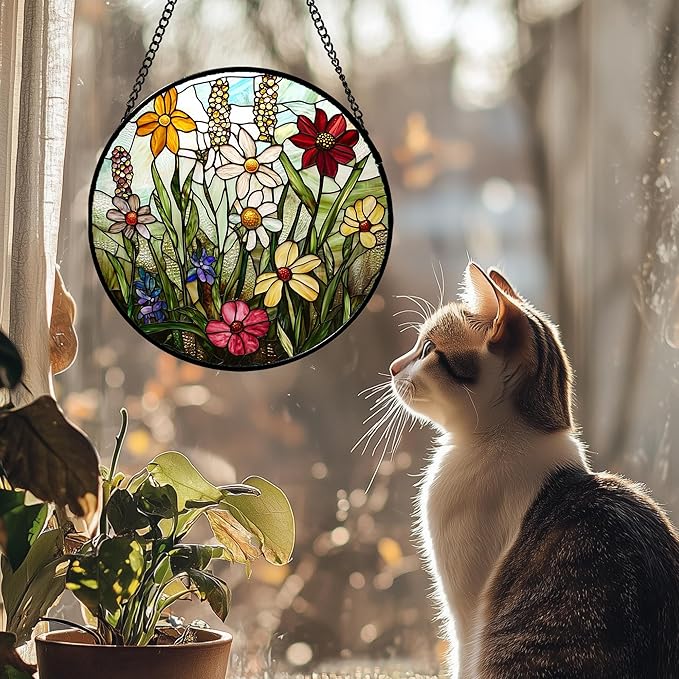 DASTOLL Stained Glass Window Hanging, Colorful Wildflowers Plant Scenery Suncatcher for Doors Window Home White Green Sun Catchers Decor Mother's Day Birthday Gifts for Women, Men Mom 9.8 in