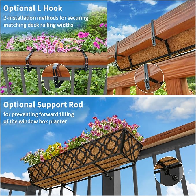 HFHOME 2 Pcs 30" Window Box Deck Railing Planter with Horse Trough Coco Liners, Black Metal Hanging Flower Planters Baskets for Indoor, Outdoor, Balcony, Porch, Fence, Patio, and Lawn