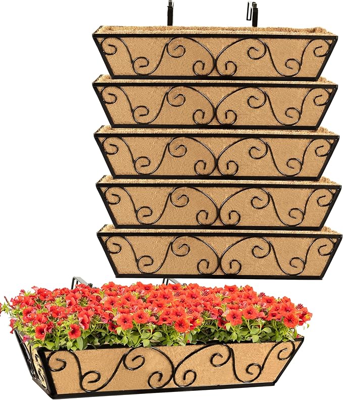 Y&M 24 Inch Window Deck with Coco Liner, Fence Metal Hanging Flower Planter Window Basket Deck Railing Planter Boxes for Outdoor Garden Lawn-Butterfly, 6pcs