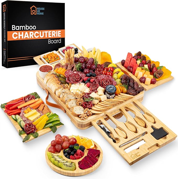 Large Charcuterie Board Gift Set - Bamboo Cheese Board with 4 Drawers, Knives & Ceramic Bowls - Perfect Valentine's Day Gifts for Her, Date Night, Anniversary & Housewarming Gift for Couples