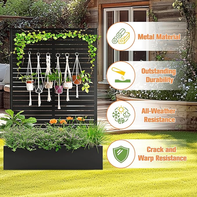 Metal Planter Box with Trellis & Wheels, Raised Garden Bed with Privacy Screen, Outdoor Standing Flower Beds with Drainage Hole for Climbing Plants, Vine, 47" Lx16 Wx71 H, Black-Louvered
