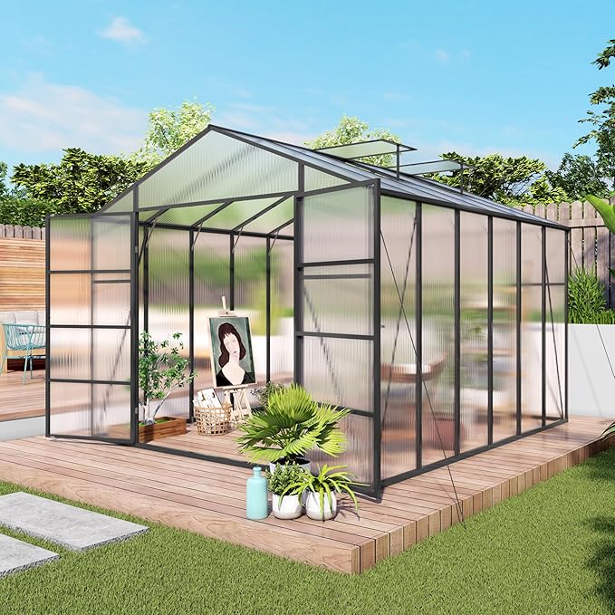 10x12T Greenhouse,Outdoor Polycarbonate Greenhouse with Roof Vent & Integrated Gutters,Aluminum Large Walk-in Green House W/ Reinforced Frame for Outside Garden Backyard,Black
