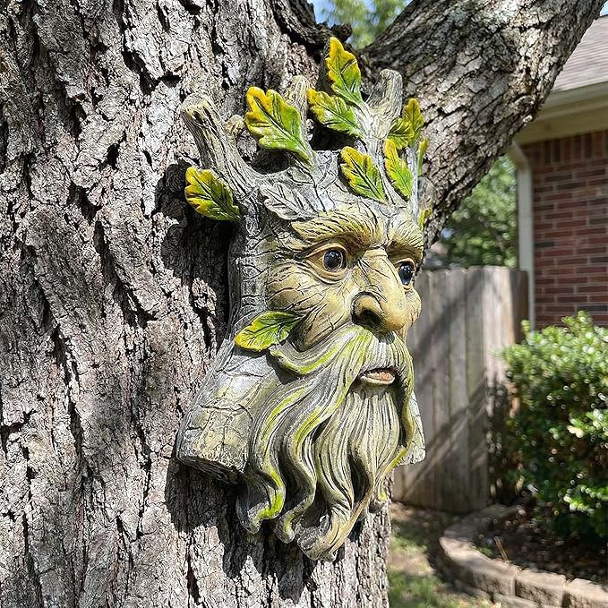 9.8" Whimsical Tree Face Sculpture, Garden Peeker Statue, Outdoor Trunk Tree Huggers Art, Landscape Accent Ornament, Hanging Fairy Elve Figurine for Yard Art, Trees Decor Wall Mounted Statues