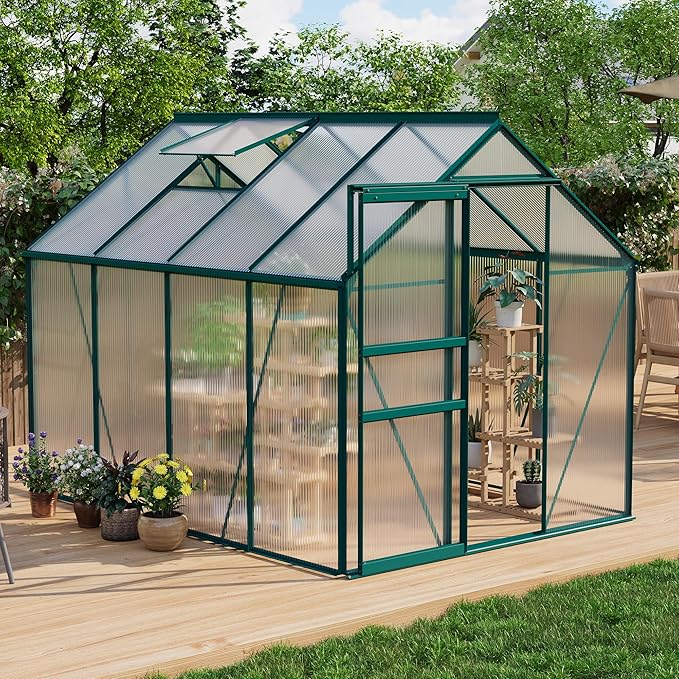 GAOMON 6 x 8 FT Polycarbonate Greenhouse - Winter Greenhouses for Outdoors, Aluminum Frame, Sliding Door, Adjustable Roof Vent, Backyard Green Houses, Green