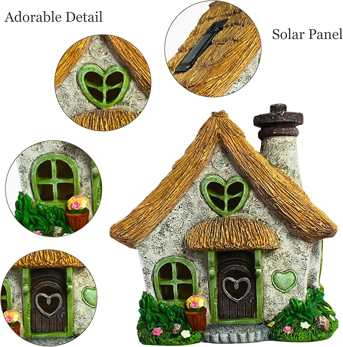 PRETMANNS Fairy House for Outside with Solar Powered LED Lights for Garden - Fairy Garden Houses for Outdoor - Miniature Accessories for Cottage Decor for Village - 7.56” High, Green