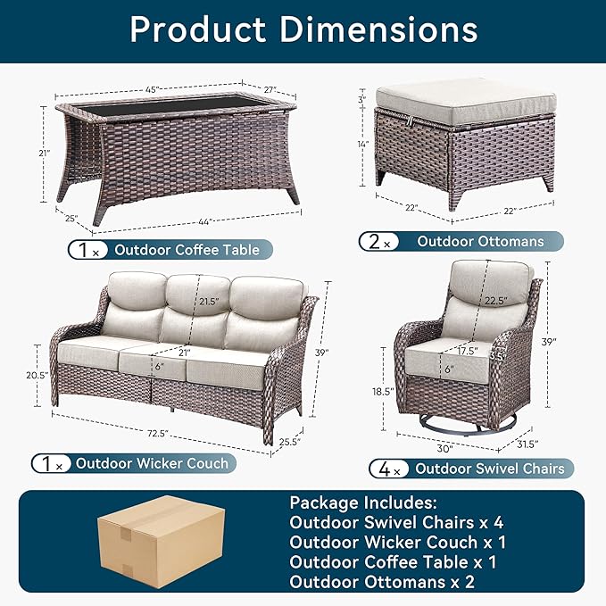 Luxury High Back Outdoor Furniture with 6-Inch Thick Cushions, Patio Furniture Set with Swivel Chairs, 8 PCS Wicker Conversation Set for Porch, Balcony, Deck and Yard