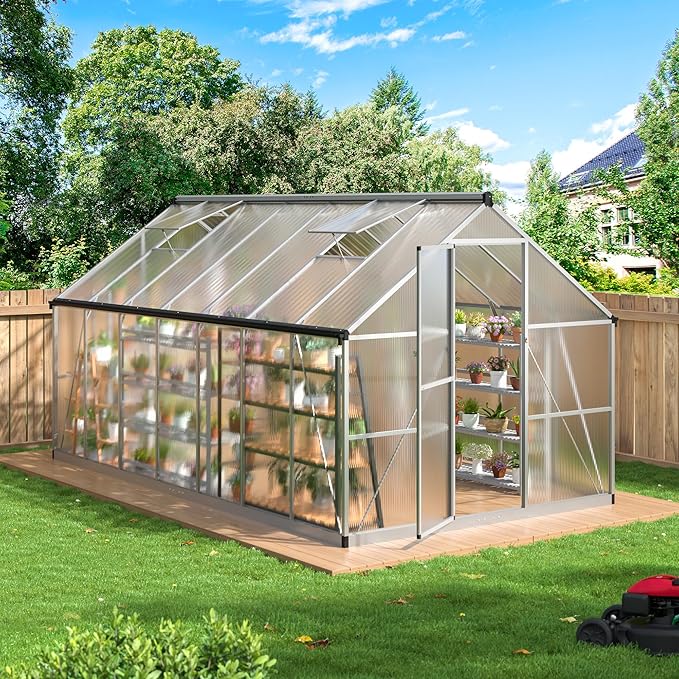 WKM Greenhouse for Outdoors - 8x14 FT, Quick-fit Structure with Window for Ventilation, Polycarbonate Aluminum Frame, Silver