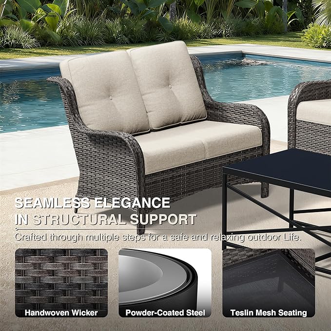 Joyside 6 Piece Wicker Patio Furniture Set, Outdoor Swivel Rocker Patio Chairs with High Back, Deep Seating, Wide Armrest, Thickened Cushions, Outdoor Furniture for Deck, Porch Use
