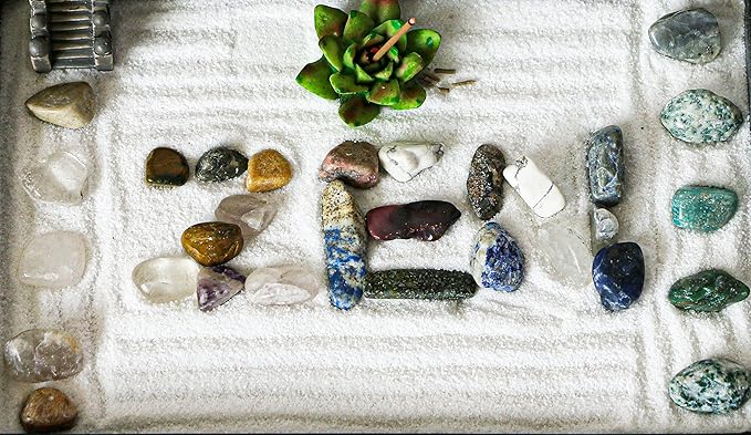 BangBangDa Desktop Meditation Yoga Zen Garden Kit Japanese Tabletop Rock Sand Chakra Shrine Altar Japanese Zen Decor Home Office Desk Zen Gifts for Women Man Birthday w/Rake Tool Accessories Bonsai