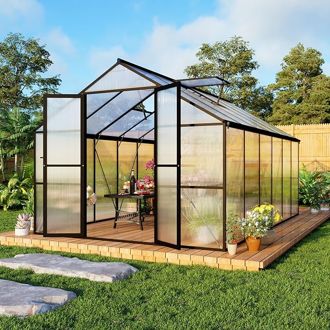 8X12 FT Polycarbonate Greenhouse, 6 FT Height Large Walk in Greenhouse with Roof Vent and Rain Gutter, Large Heavy Duty Aluminum Greenhouses with Swing Lockable Door for Outdoor, Black