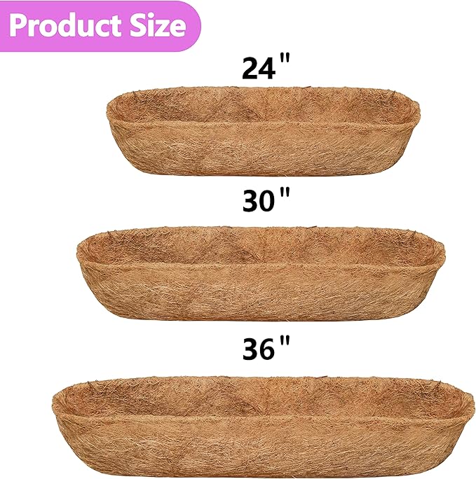 TigeJoy 2PCS 24'' Trough Coco Coir Liners Planter Replacement, 100% Natural Thick Coco Fiber Liner for Flower Box Decks Garden Flower Pots, 24inch Half Moon Shape Coconut Liner Window Boxes Outdoor