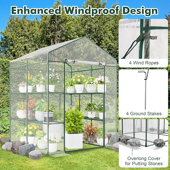 Happygrill Greenhouse, Portable Greenhouses for Outdoors w/8 Shelves, Roll-Up Zippered Door, 2 Observation Windows & 2 Tiers, Weather-Proof PE Cover, Wind Rope (Transparent, 55” x 57” x 77”)