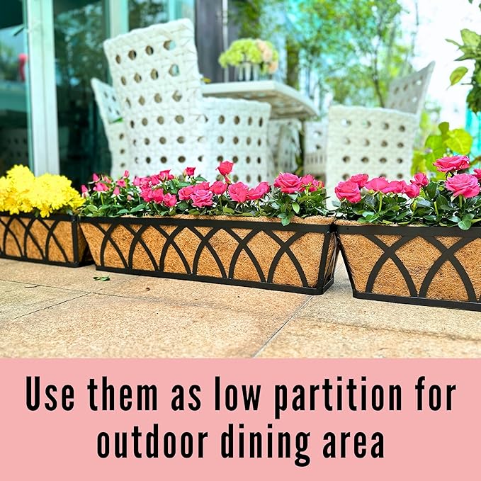 LaLaGreen Wall Planters (2 Pack, 36 Inch) Black Metal Rectangular Hanging Window Planter Box with Coco Liner Attach House Outdoor, Flower Basket Plant Holder Deck Railing Patio Porch Balcony Fence