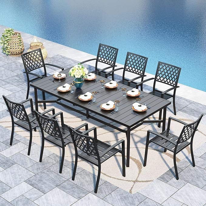 Sophia & William Patio Table and Chairs Set, Outdoor Dining Set for 8, 9 Piece Metal Patio Furniture, 82.7" Black Rectangular Table(Diamond)