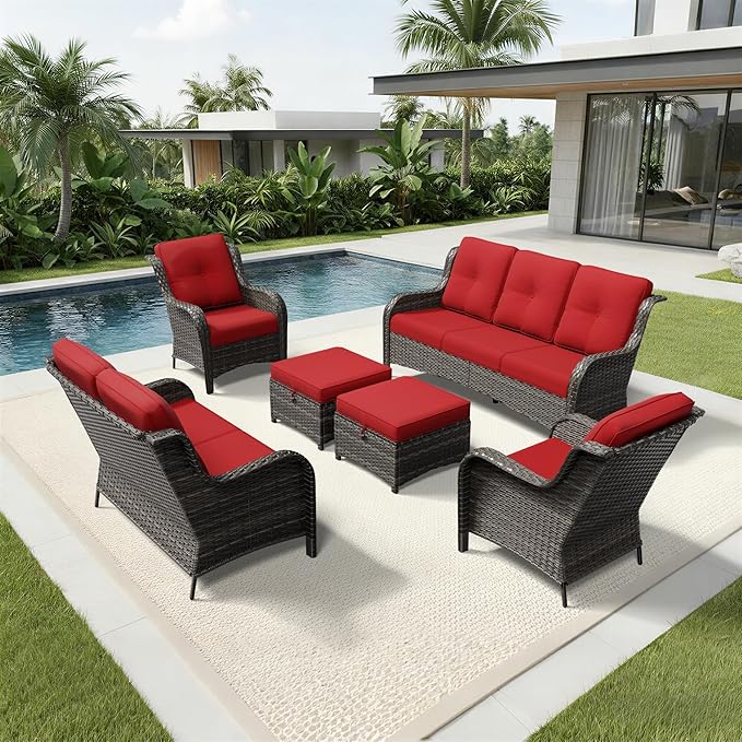 Joyside 6 Piece Wicker Patio Furniture Set, Rattan Patio Chairs with High Back, Deep Seating, Wide Armrest, Thickened Cushions, Outdoor Furniture for Deck, Porch Use