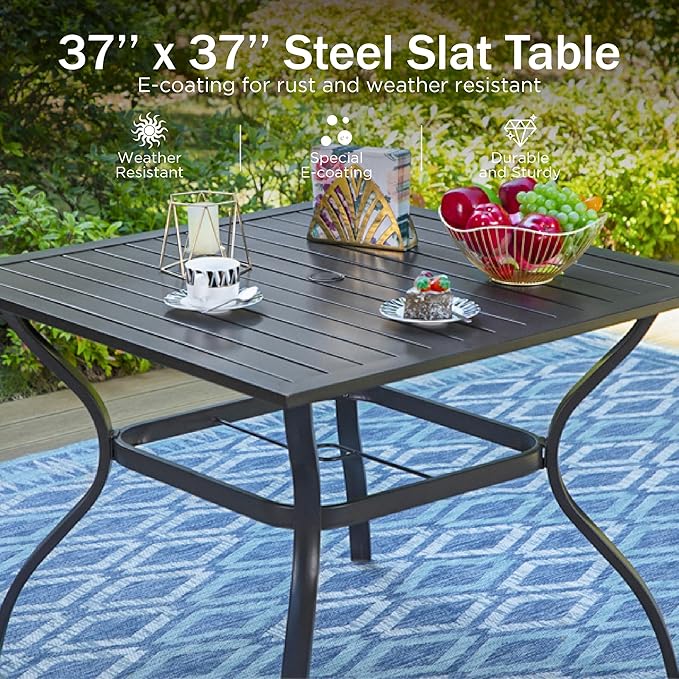 PHI VILLA 5 Pieces Outdoor Patio Dining Set for 4, 37" Black Square Metal Table with Umbrella Hole & Stackable Wrought Iron Chairs, Outside Furniture Set for Deck, Porch, Backyard