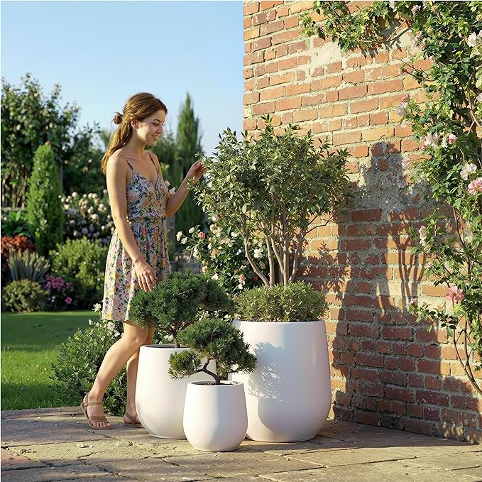 DTY Signature Mount Wilson 15''D x 16.5''H Modern Indoor Outdoor Fiberstone Tapered Planter, Lightweight, Weather Resistant Garden Pot with Drainage Hole & Rubber Plug - White, Medium