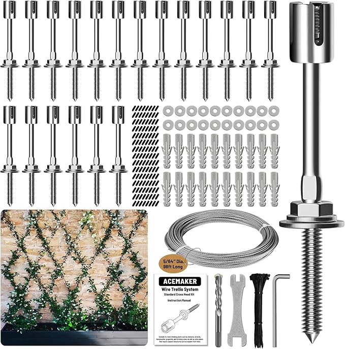 Acemaker Wire Trellis for Climbing Plants Outdoor, 20-Set Wall Wire Trellis Kit with 5/64"(2mm) x 98ft Stainless Steel Cable, T316 Espalier System for Fence and Garden DIY Projects