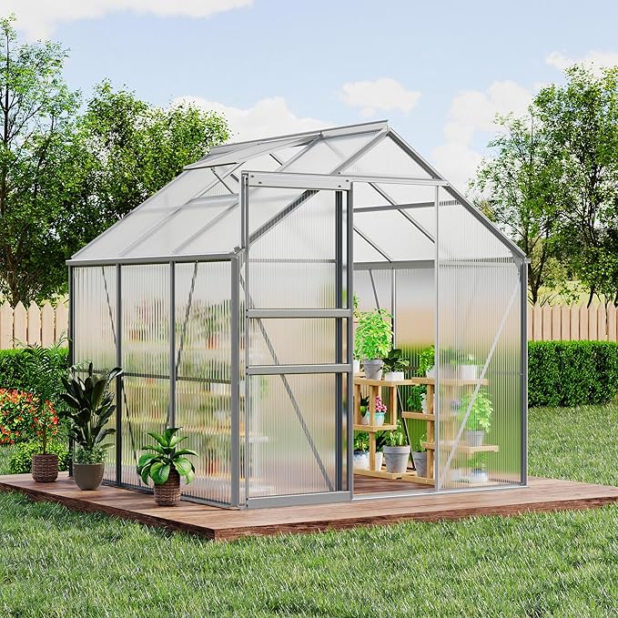 GAOMON 6 x 6 FT Polycarbonate Greenhouse - Winter Greenhouses for Outdoors, Aluminum Frame, Sliding Door, Adjustable Roof Vent, Backyard Green Houses, Silver