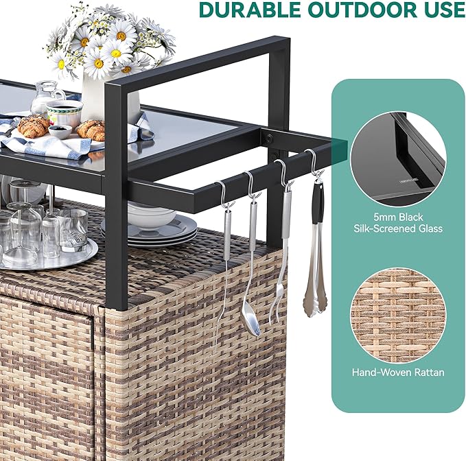 YITAHOME Large Outdoor Kitchen Wicker Island Rolling Cart & Patio Bar Table, w/Wheels and Black Glass Table Top Backyard and Poolside Light Brown