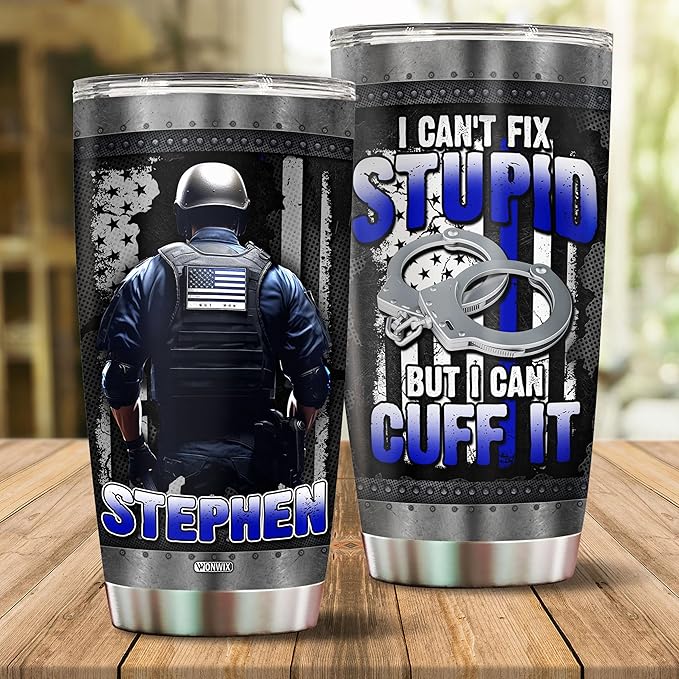 WONWIX Personalized Police Tumbler Gifts for Men 20oz with Lid Travel Cup Coffee Mug Stainless Steel Insulated Water Bottle Gift for Police Man Dad Father Boy Friends