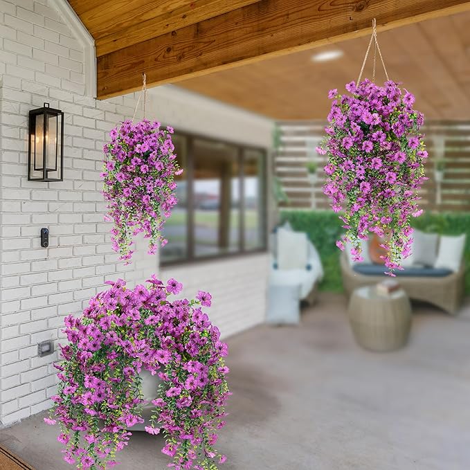 Sggvecsy Artificial Fake Hanging Flowers Plants for Outdoor Outside Spring Summer Decoration 2PCS Faux Silk UV Resistant Realistic Mums Daisy with Eucalyptus for Home Porch Patio Balcony(Magenta)