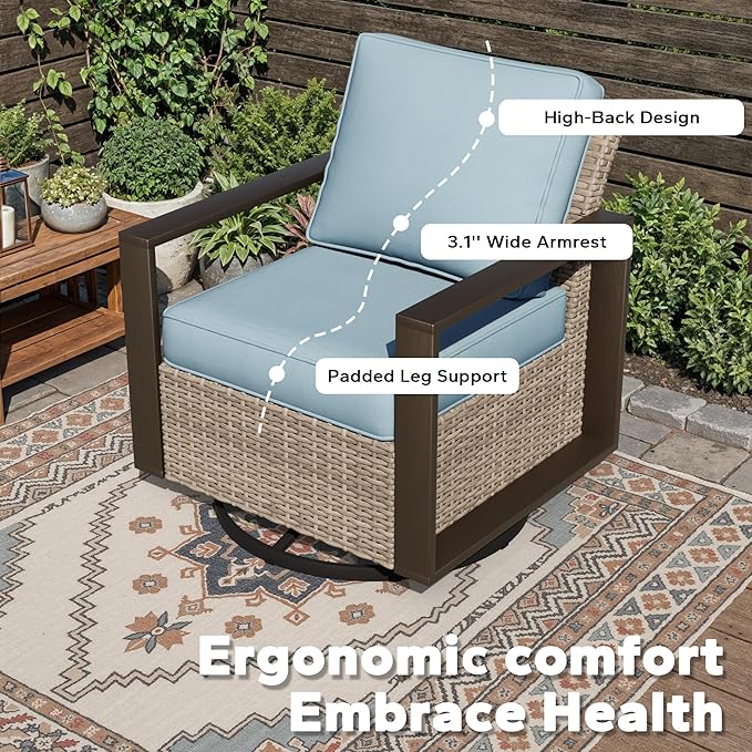 Outdoor Patio Swivel Rocker Chairs, 5 Pieces Wicker Furniture Set, 2 Swivel Rocking Chairs, 1 Sofa and 2 Ottoman, Metal Wide Armrest, Thick Cushions and Deep Seating for Garden, Backyard, Porch, Deck