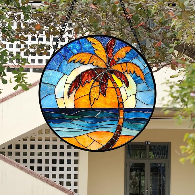DASTOLL Stained Glass Window Hanging 4 Pcs Set Blue Orange Ocean Beach Theme Large 11.8" - Suncatcher Door Garden Sun Catcher Decor Birthday Christmas for Mom Woman Nana Men Wife